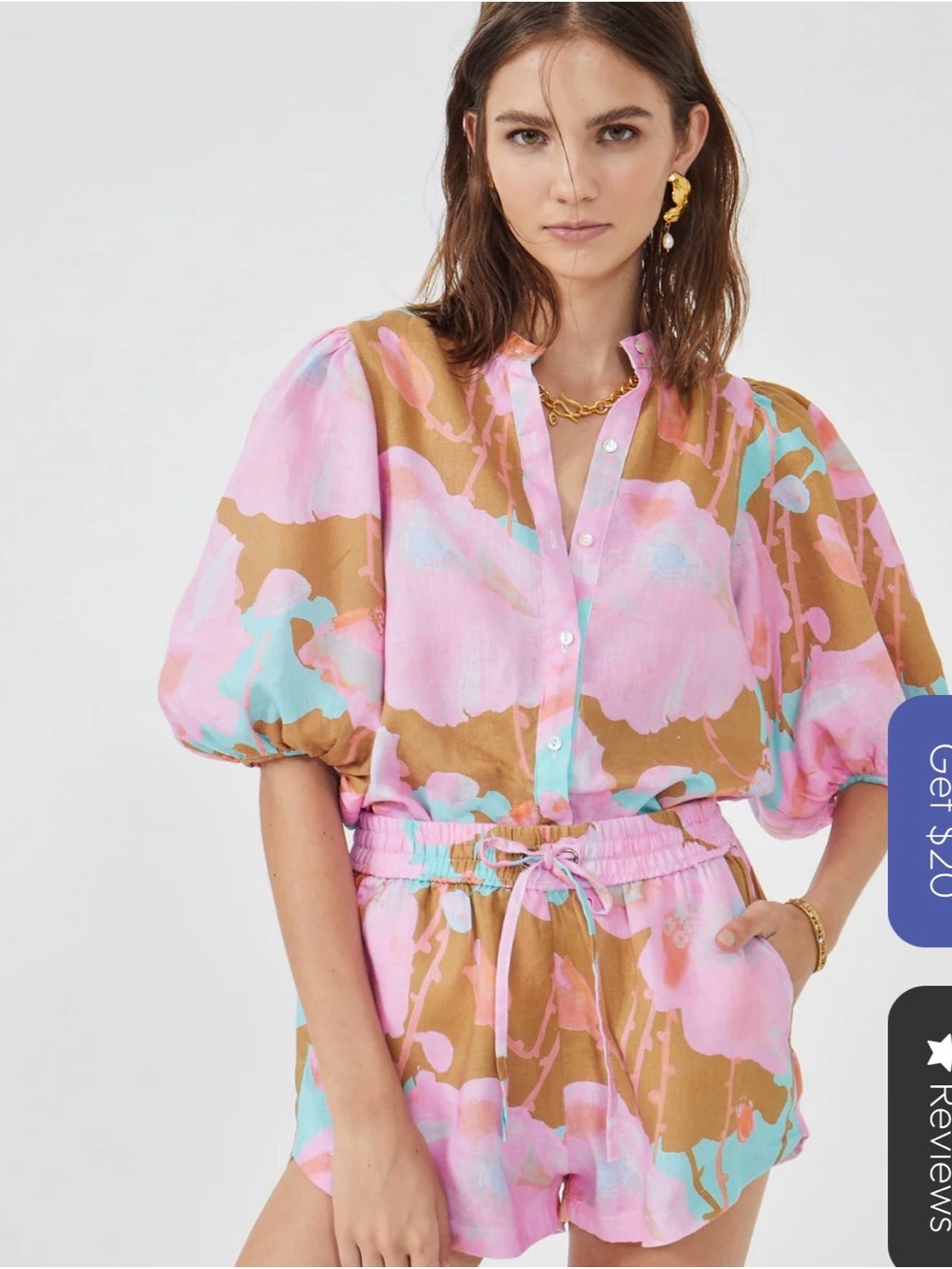 Lanhtropy Bubble Aquarella Floral Button-Front Puff Sleeve Top - Pink Multi